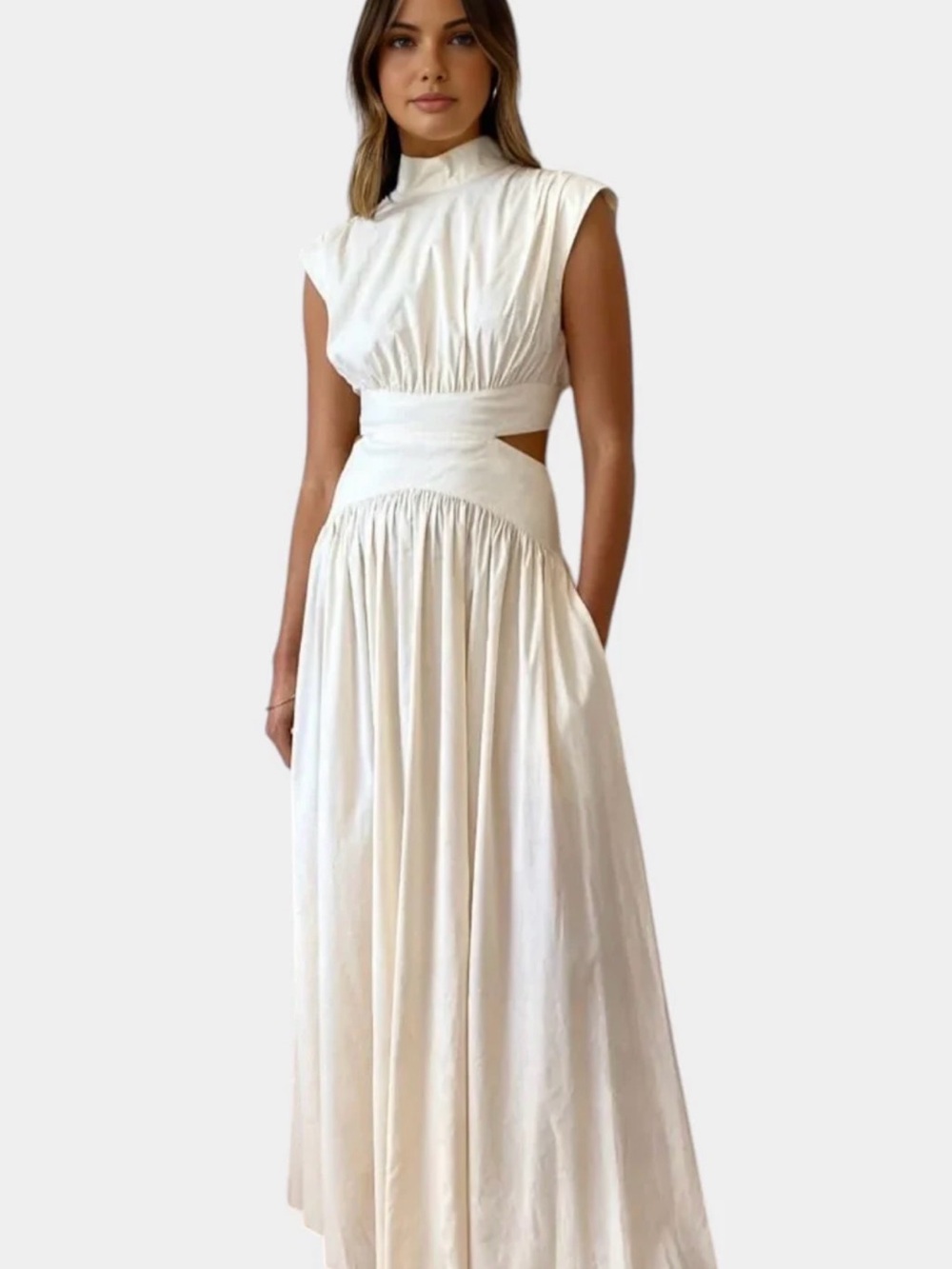 Commense Cream High-Neck Cutout Maxi Dress